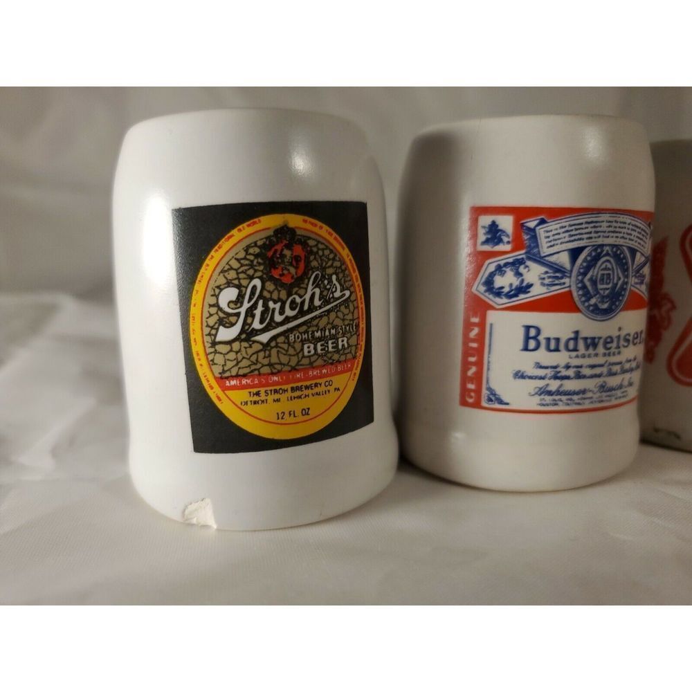 Beer Mugs Shot Glasses Lot of 4 Barware Budweiser Miller Strohs Michelob Mancave - Picture 3 of 12